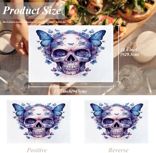 Shrahala Halloween Watercolor Skull Set Of 4 12 X 18 Inch Linen Placemats , Purple Blue Gothic Butterflies Flowers Burlap Table Mat Washable Double Layered Heat Insulation For Indoor/Outdoor
