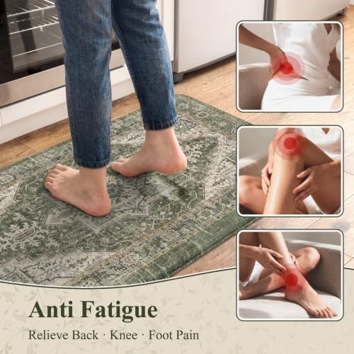 KIMODE Anti Fatigue Mats for Kitchen Floor, Green Distressed Kitchen Rugs