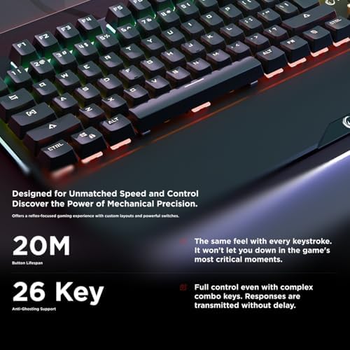 KB-R86 Umbra Mechanical Gaming Keyboard – High-Performance Switches, 26-Key Anti-Ghosting, 12 Multia Keys, Wrist Rest, Durable ABS – Compatible with PC, Laptop, Mac (Blue Switch)