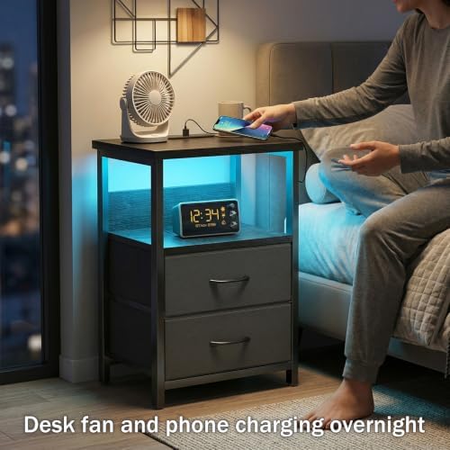 Fixwal Night Stand with Charging Station, Black Led Nightstand, 2 Drawers