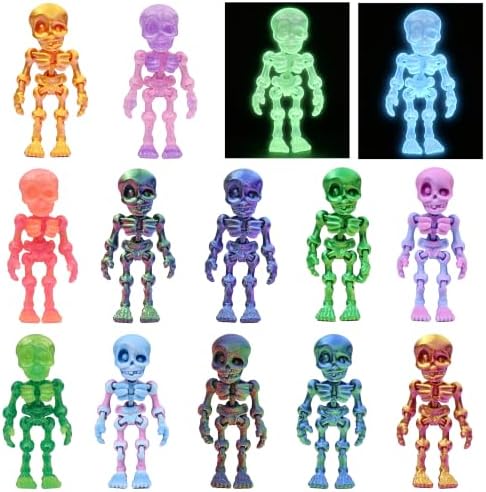 14 pcs 3D Printed Skeleton Figurines, Colorful 3.15 Inch Halloween Decorations, Fun Spooky Skull Toys for Desk, Party, or Shelf Display