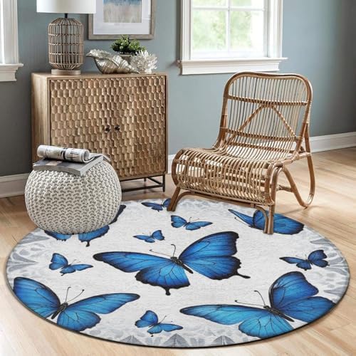Soft Round Yoga Carpet, Large Home Decor Mat, Non Slip Machine Washable Kitchen Office Circle Rug Beautiful Blue Butterfly