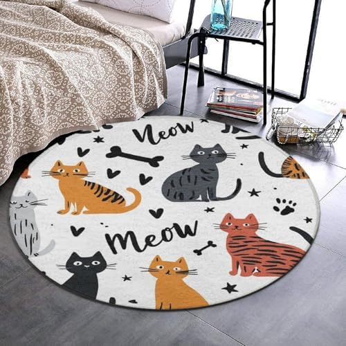 Large Home Decor Mat, Soft Round Yoga Carpet, Non Slip Machine Washable Kitchen Office Circle Rug Cute Cat Animals Pet