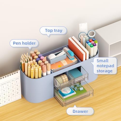 Marbrasse Desk Organizer Pen Holder for Desk with 3 Drawers, Multi-Functional Pencil Holder, Desk Organizers and Accessories with 7 Compartments for Home, School, Classroom(Blue)