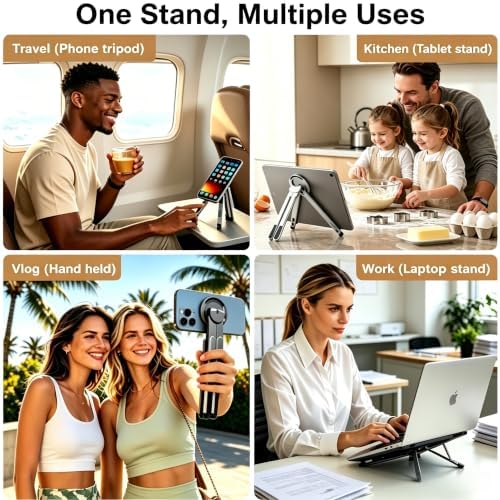 4-in-1 Foldable Laptop Stand with N52 Magnetic Phone Holder, Portable Aluminum Computer Stand for MacBook/ iPad/ Tablet, Adjustable Ergonomic Desk Stand for Home Office College Dorm & Travel Giftable