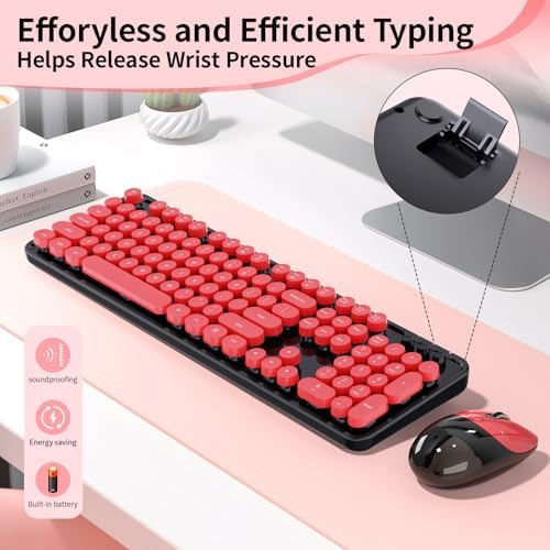 Wireless Keyboard Mouse Combo, 104 Keys Cute Colorful Typewriter Black Red