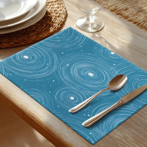 Shrahala Concentric Ripples Placemats, Blue with White Circles Stars Table Mat Linen Burlap Washable Double-Deck Heat Insulation for Dining/Kitchen Table Set of 8 (12 X 18 Inch)