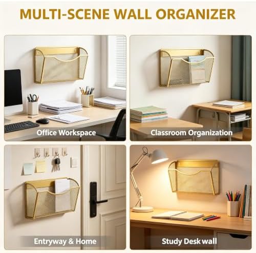 Gawerk Mesh Hanging Wall File Holders, Metal Vertical Wall Basket Mail Organizer for Office/Home (Gold, 6 Pack Wall Mounted)