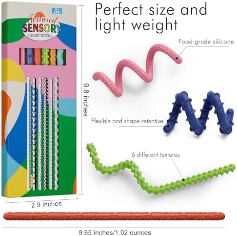 Sensory Fidget Toys for Kids Adults,6PCS Flexible Fidget Sticks for Stress Anxiety Autistic ADHD, Calm Down Travel Airplane Classroom Students Prizes Toys, Stocking Stuffers for Teens Boys Girls