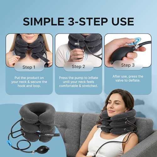 Inflatable Neck Stretcher for Neck Pain Relief, Cervical Traction Device with Hand Pump, 3-Layer Adjustable Neck Decompression Collar for Pinched Nerve, Stiff Neck & Tech Neck Support