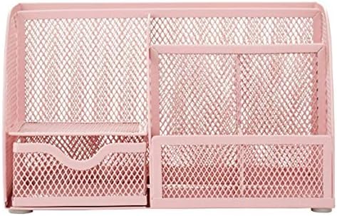 Annova Mesh Desk Organizer Office with 7 Compartments + Drawer/Desk Tidy Candy/Pen Holder/Multifunctional Organizer (Light Pink)