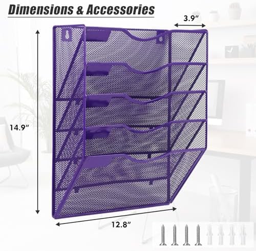 EASEPRES 5 Pocket Mesh Hanging Wall File Organizer, Wall Mounted Mail Paper Document Folder Holder, Clipboard Storage Organization Magazine Rack with Nametag Label for Office Home School, Purple