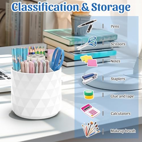 minimaliving Desk Organizer,Sparkling Diamond-like Pen Holder for Desk 360°Rotating Office Accessories,Pencil Cup with 5 Compartments Storage Box Caddy for Office,School,Home,Art Supply(White)