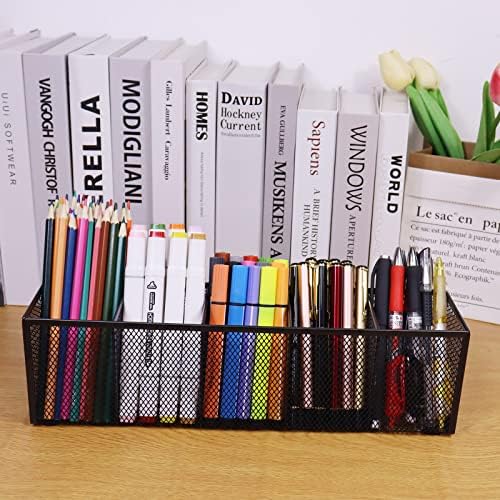 Black Mesh Pen Pencil Holder, Small Metal Desk Organizer Desktop Stationery Office Supplies Acessories Storage Stand, 5 Compartments Brushes Holder for Home School Classroom Teachers