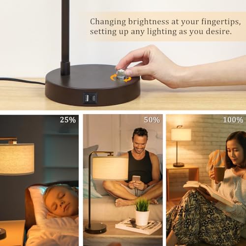 Tall Table Lamps Set of 2, Fully Dimmable Bedside Lamp with USB C+A Ports