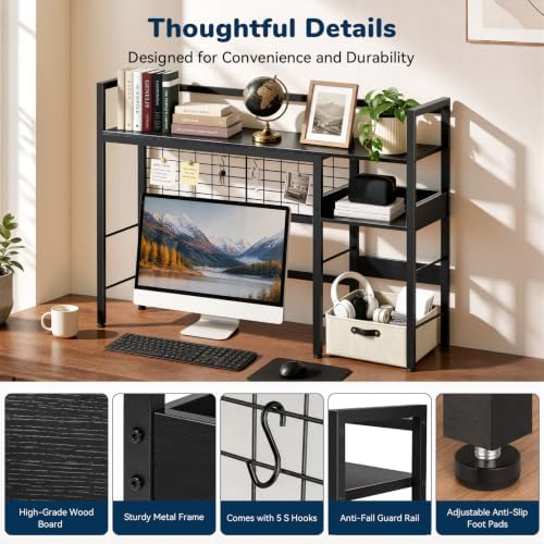 Desk Shelf, 38.6" Desk Hutch with Pegboard Hooks Set, Black