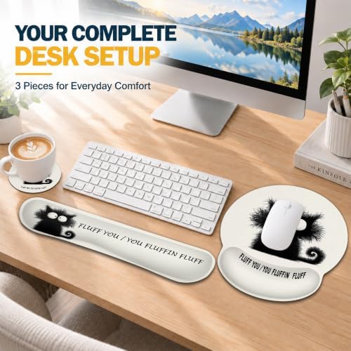 Funny Black Cat Ergonomic Wrist Rest Mouse Pad Set with Keyboard Cushion