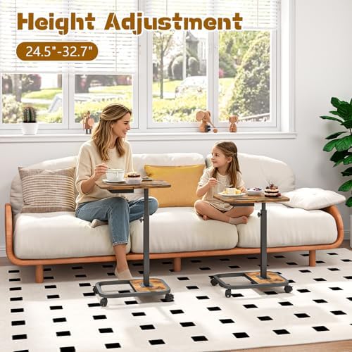 Adjustable Height TV Tray Table with Drawer, 360° Swivel C Shaped End Table, Rolling Couch Desk with Wheels, Side Tables for Living Room and Bedroom, Bed (Brown)