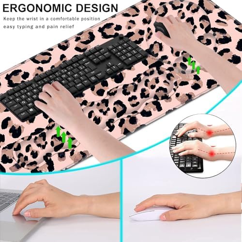 Mouse Pad,Large Pink Desk Mat, 4in1 XXL Mousepad + Keyboard Wrist Rest+Mouse Wrist Rest+Coaster Set with Ergonomic Desk Pad for Home Office Table Computer-Cute Leopard