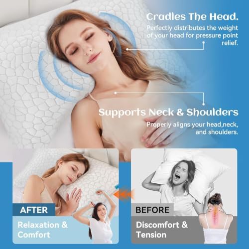 Side Sleeper Pillow for Neck and Shoulder Pain Relief, Cervical Neck Support Pillow for Side Sleepers, Cooling Shredded Memory Foam Pillows for Hot Back Sleepers, Adjustable Curved Queen Bed Pillows
