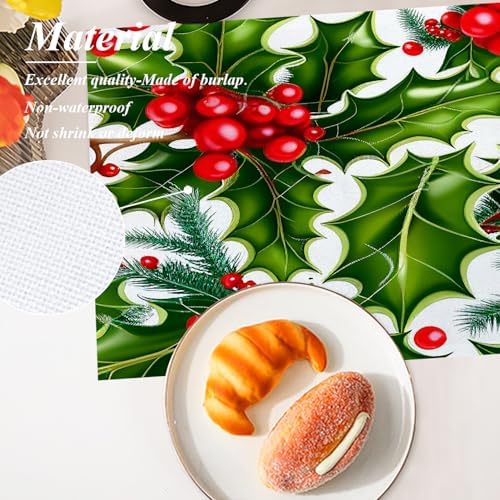 Shrahala Christmas Fir Branches Set Of 4 12 X 18 Inch Linen Placemats , Green Fir Branches Red Holly Berry Burlap Table Mat Washable Double Layered Heat Insulation For Indoor/Outdoor