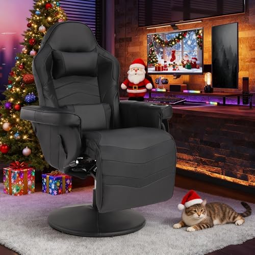 Massage Gaming Recliner Chair with Cup Holder & Side Pockets – Ergonomic PU Leather Video Gaming Chair with Footrest, Manual Recline, Headrest & Lumbar Support for Office or Game Room (Black)