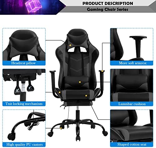 Grey Massage Gaming Chair with Footrest, PU Leather Gaming Chairs for Adults, High Back Office Chair Ergonomic Desk Chair Computer Chair, Reclining Gamer Chair, Height & Backrest Adjustable, 300 Lbs