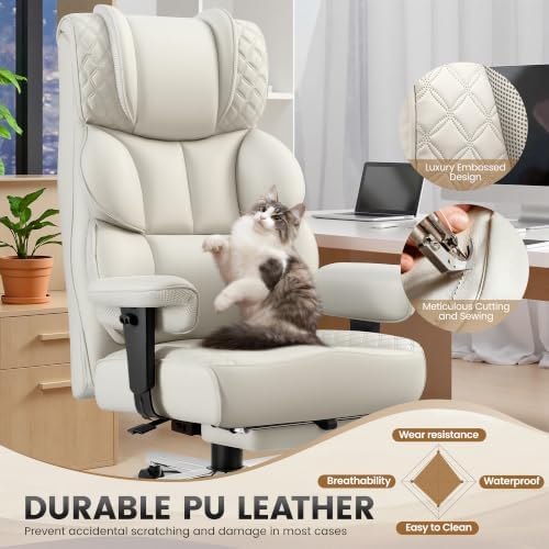 BestGlory Office Desk Chair, Big and Tall Leather Gaming Chair with Footrest, Ergonomic Comfy Executive High-Back Reclining Computer Chairs, Wide Swivel Rolling Wheels and Padded Lumbar Support, White