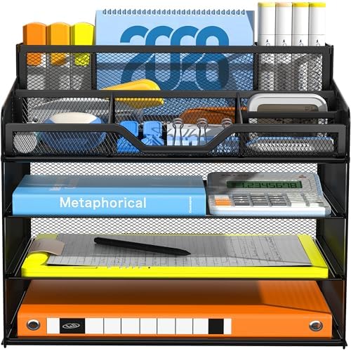 Docnest 4 Tier Mesh Desk Organizer with Letter Tray & Paper Sorter, Black