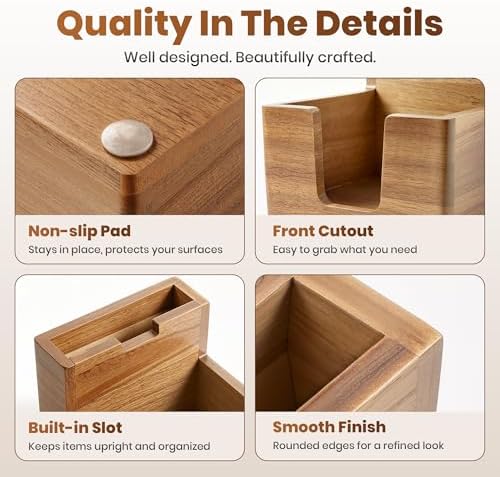 Acacia Wood Sticky Note Holder with Pen Slot, 3x3 Sticky Note Dispenser for Desk, Non-Slip Pads Office Storage Organizer
