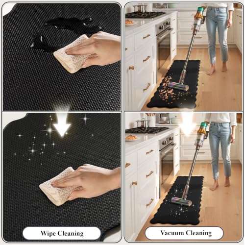 KIMODE Scalloped Kitchen Mats for Floor Cushioned Anti Fatigue Black Wavy
