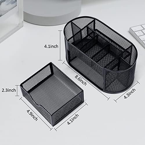 Black Mesh Pen Holder Desk Organizer Cute Office Supplies Pencil and Marker Organizers Oval Desk Caddy with 8 Compartments and 1 Drawer Workspace Accessories for Office School Home