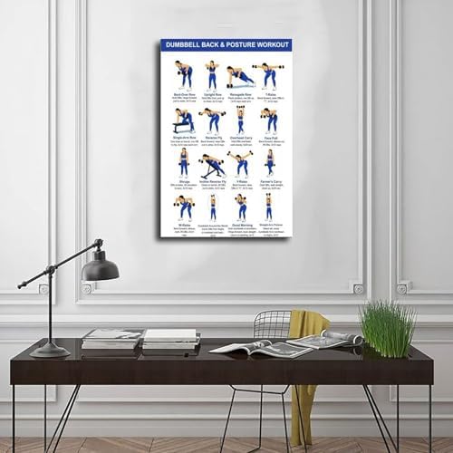 Dumbbell Back And Posture Workout Upper Back Strength Training Exercises Chart Beginner Friendly Fitness Canvas Poster Bedroom Decor Room Decor Frame 12x18inch
