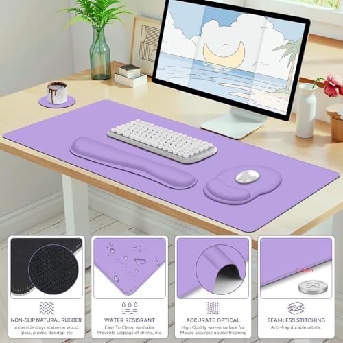 Mouse Pad Desk Pad Protector, Keyboard Wrist Rest + Mouse Pad Wrist Rest +Coaster, Large Gaming Mouse Pad for Deskpc Computer Keyboard Laptop, XXL Desk Mat Writing Pad for Office and Home, Purple