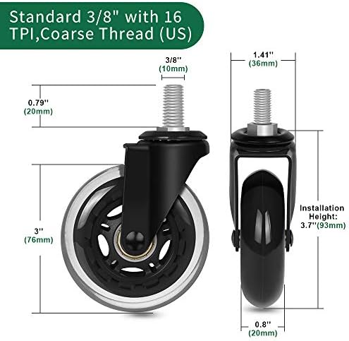 Replacement Office Chair Caster Wheels by 8T8, Set of 5, Rubber Chair Casters with Threaded Stem 3/8''-16X1(NOT Metric M10), Quiet and Smooth Gliding,Safe for Woood Hardwood Carpet Floors