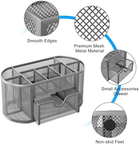 EasyPAG Mesh Pen Holder Desk Organizer with Drawer Stationery Supplies Organizer for Dorm School 9 Compartments Workspace Desk Accessories Organization for Office, Silver