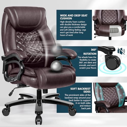 Big and Tall 500lbs Office Chair,Heavy Duty Large PU Leather Executive Desk Chair with Wide Seat, Adjustbale Ergonomic Lumbar Support High Back Rocking Computer Chair for Heavy People