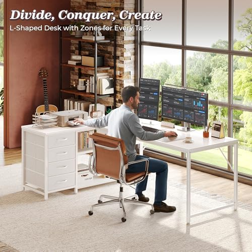 PRAISUN 61" L Shaped Desk with Power Outlets & 4 Drawers