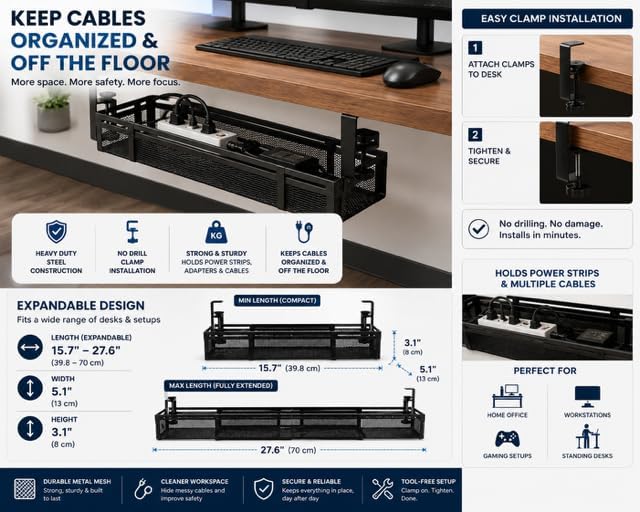 Expandable Under Desk Cable Management Tray, Expandable 15.7”–27.6”, No Drill Metal Cable Organizer with Clamp Mount for Standing Desk, Office & Home Desk (Black