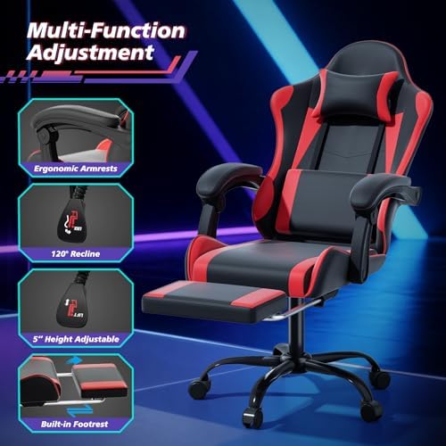 Magshion Gaming Chair for Adults, Ergonomic Computer Chair with Linkage Armrests, Height Adjustable Gamer Chair with Footrest and Headrest for Home Office, 350 Lbs Capacity, Red