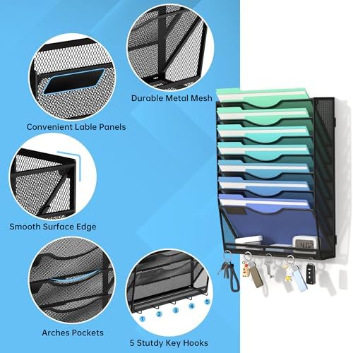 Gawerk Hanging Wall File Organizer with 5 Hooks - Wall Mounted Mail Paper Document Folder Holder, Sturdy Mesh Magazine Rack for Office Home (7+1 Tier)