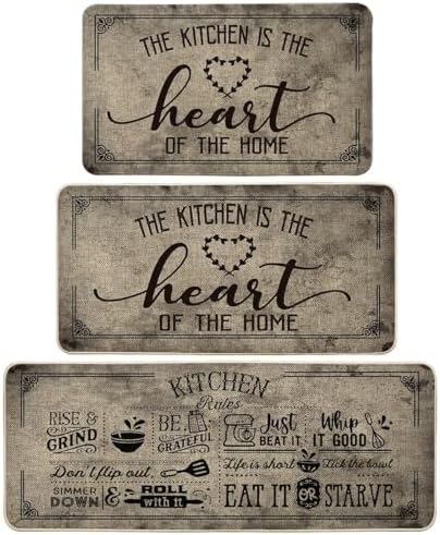 Artoid Mode Kitchen Quotes Kitchen Mats Set of 3, Seasonal The Kitchen is The Heart of The Home Cooking Sets Holiday Party Low-Profile Floor Mat - 17"x29"+17"x36"+17"x47"