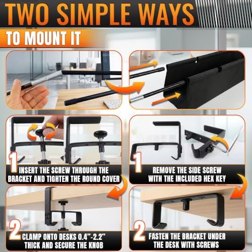 Under Desk Cable Management Tray 36" — No Drill Clamp-On Cord Organizer for Desk with Built-in Ties, Heavy Duty Metal Clamp, Foldable 600D Oxford Fabric for Home Office, WFH & Gaming PC Setup (Black)