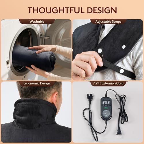 Far Infrared Heating Pad for Neck and Shoulders and Back - 6X Deeper Pain Relief, Graphene 30s Fast Heat, 8 Heat Setting, 16 Timer, Automatic Memory, Weighted Heating Pads Gift for Women&Men (Black)