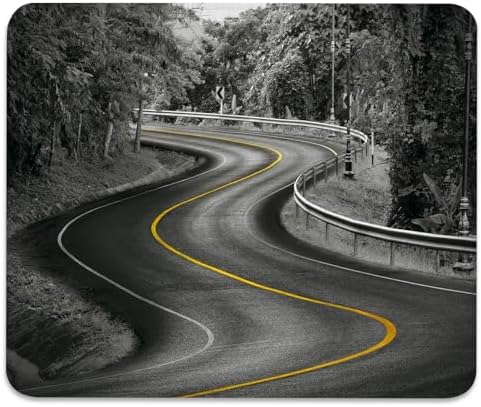 Curvy Asphalt Road with Yellow Line in Middle Mouse Pad, Nature Desk Mat