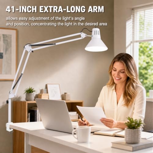 White Desk Lamp with Clamp, Extra-Tall Adjustable Metal Swing Arm, 5000K