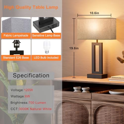 Seealle Nightstand Table Lamps for Bedrooms Set of 2 - Touch Bedside Lamp with USB C+A, 3 Way Dimmable Living Room End Tables 2, Modern Night Stand Bed Side Guest Room(Grey) B. Grey