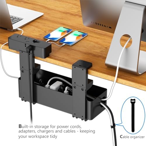Hiree Under Desk Cable Management Tray with Power Strip, 8 AC Outlets, 2 USB Ports & 1 USB-C Port, Clamp Mount Desk Cable Organizer, No Drill Cord Management Tray for Standing Desk, Home Office（Black）