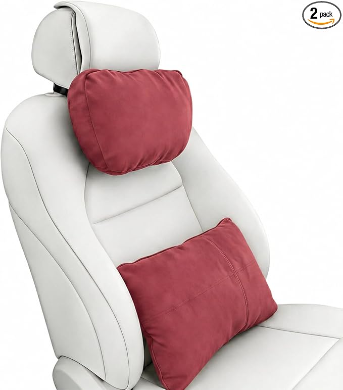 2PCS Car Pillow for Car Neck Pillow for Driving Seat Neck Support Soft Cushion Back Support Head-Rests for Vehicle Sleeping with Elastic Adjustment Strap (Red, Head and Lumbar)