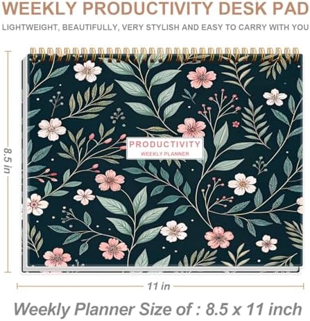 Weekly Productivity Planner - 8.5" x 11" Dashboard Desk Notepad Has 6 Focus Areas to List Tasks for Goals, Projects, Clients, Academic or Meal-Organize Your Daily Work Efficiently, 54 Weeks, Flower-D